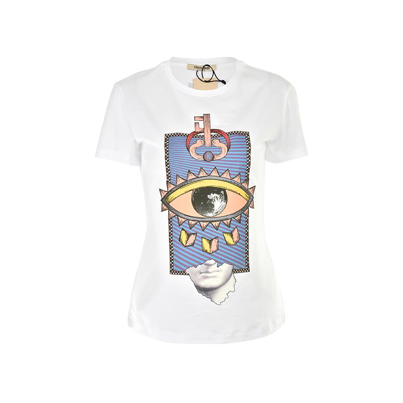 roberto cavalli女士复古眼睛图案棉质短袖t恤龙年奢饰品潮牌 米白色