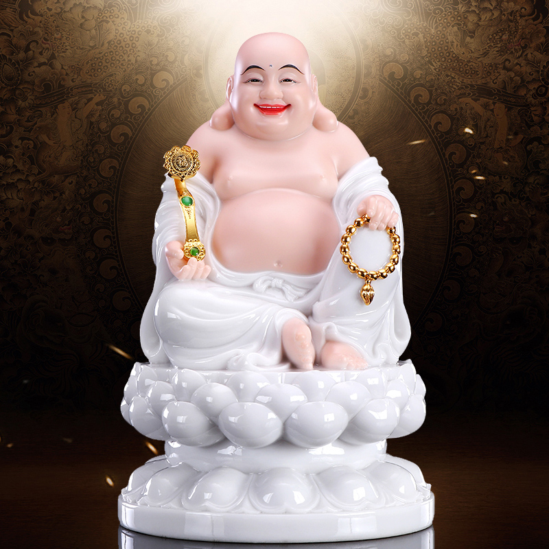九黎 汉白玉笑佛像 大肚弥勒佛像弥勒佛菩萨客厅供奉摆件 16英寸圆满