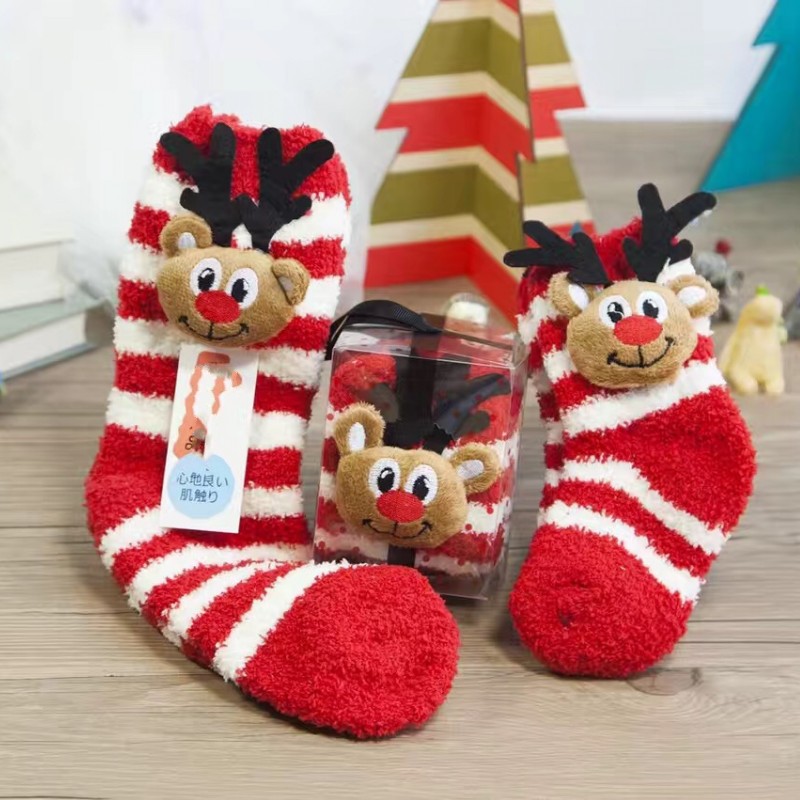 革斤威 加厚保暖冬季圣诞袜珊瑚绒地板袜条纹儿童袜亲子袜子礼物 红色 成人均码+儿童3—8岁一双大人一双儿童
