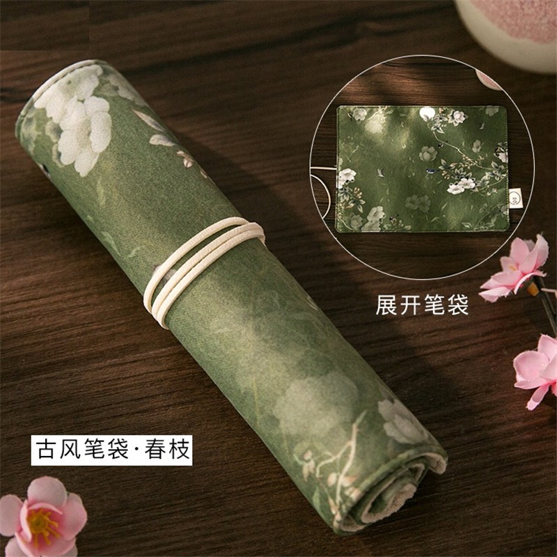 中国复古风学生笔袋笔帘卷笔袋大容量多功能沐染花朵仙鹤创意铅笔袋