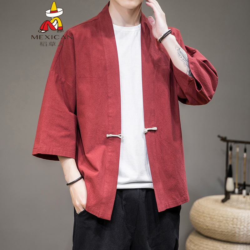 稻草人中式唐裝亞麻改良漢服中國風(fēng)男裝居士服棉麻青年茶禪服民族風(fēng)古裝 酒紅色(717) 2XL 【建議體重155-165斤】