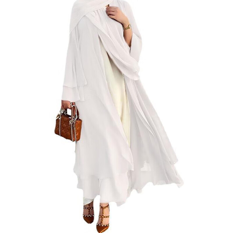 花九卿沙特阿拉伯服装女中东装雪纺长袖迪拜旅游开衫套装 白色 s