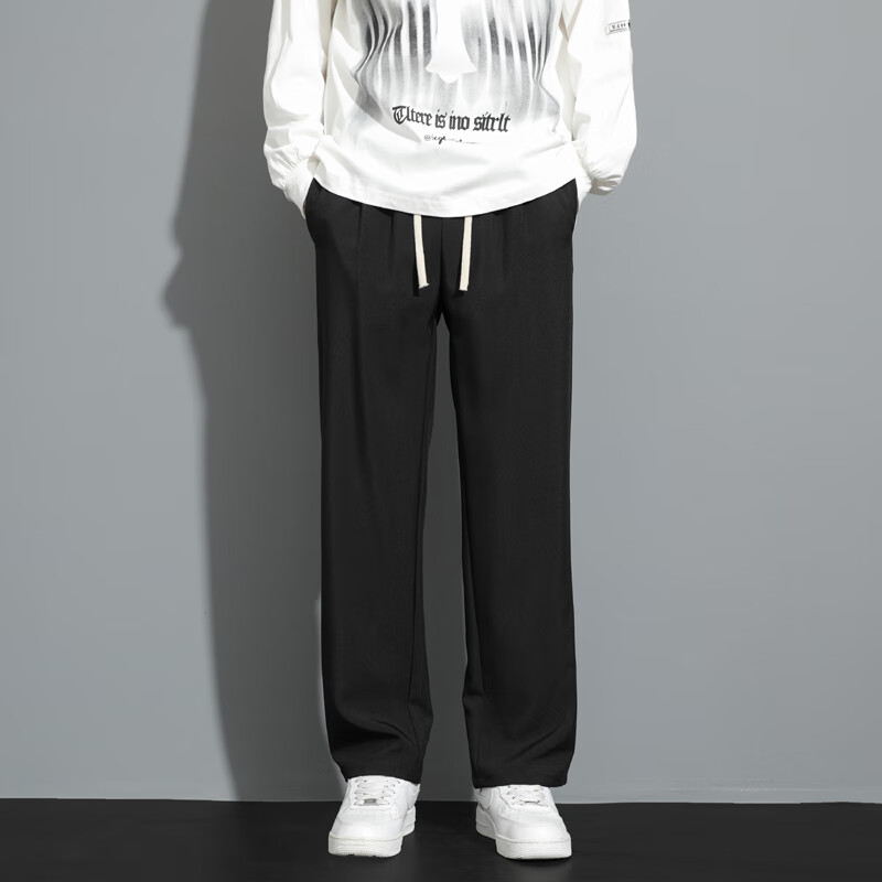 PBOA加绒宽松休闲西装裤男抽绳松紧腰秋冬直筒垂感阔腿长商务西服裤子 黑色【长裤】 4XL (建议180-200斤)