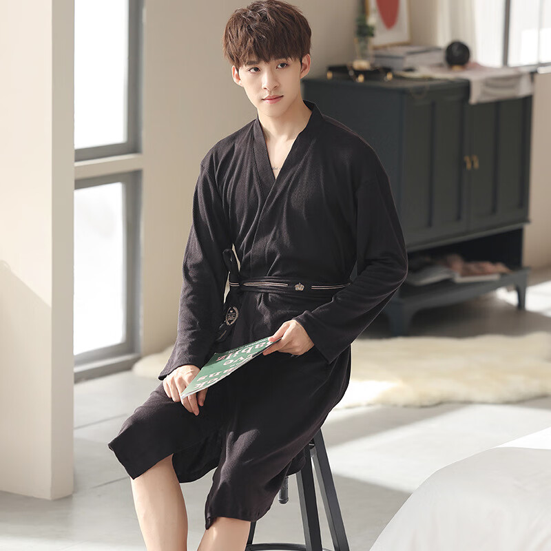 喃酥 秋冬日系加厚睡衣男浴衣长袖浴袍宽松纯色睡袍家居服 黑色3260 m