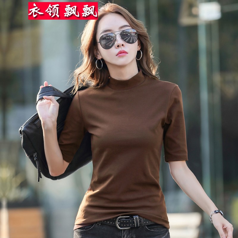 衣領飄飄新款半高領t恤女上衣中袖春秋裝體恤純色打底衫內(nèi)搭修身顯瘦時尚 咖啡色 3XL(140-155斤)