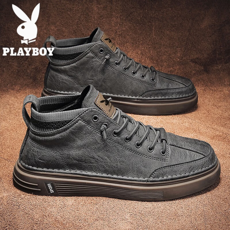 百亿补贴：花花公子高帮鞋子男鞋2025棉鞋秋冬季新款男士透气休闲皮鞋男板鞋马丁靴男 CPL1253912灰色 42