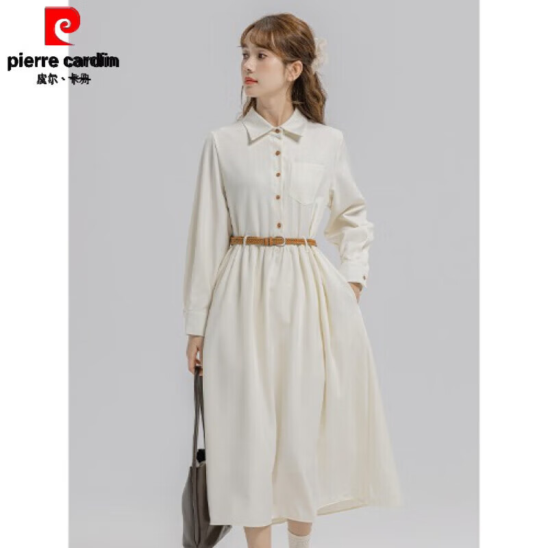 裙子法式复古赫本风气质长袖连衣裙女小个子收腰显 品牌旗舰米白色