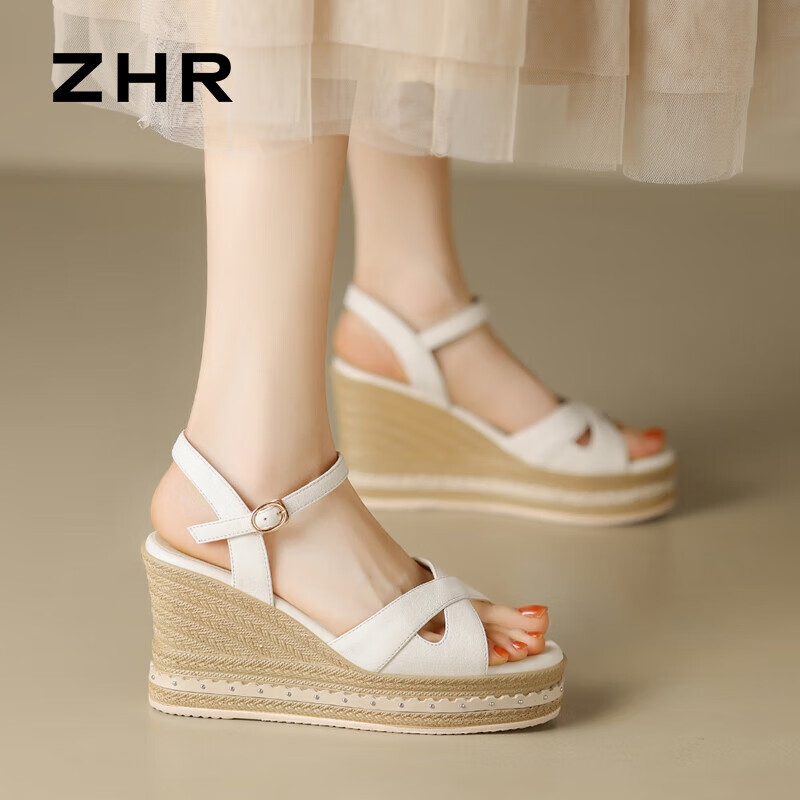 ZHR涼鞋女真牛皮厚底坡跟女鞋度假風交叉帶舒適鞋子女 S169 米色 35 