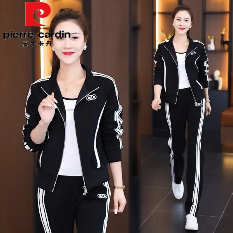皮尔卡丹（pierre cardin）运动套装女2026春秋新款洋气休闲时尚减龄显瘦开衫卫衣卫裤俩件装 黑色【两件套】 M 【建议80-100斤】