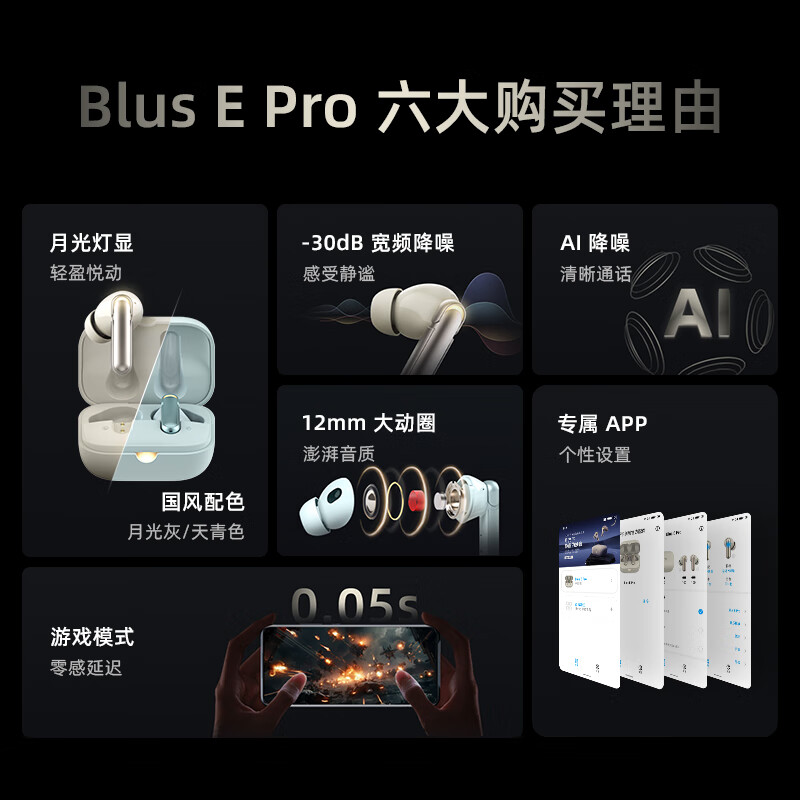 lifeme魅蓝BlusEpro主动降噪蓝牙耳机 呼吸灯显+蓝牙5.4 50ms低延迟双设备连接 天青色 适用魅族苹果华为 Blus EPro天青色