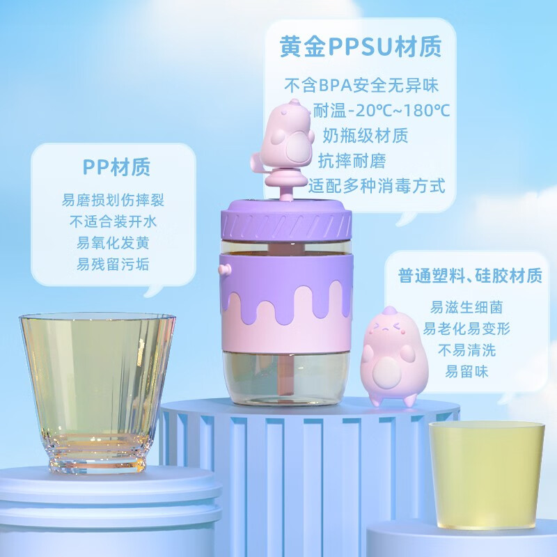 富光意趣ppsu水杯女生高颜值夏便携塑料水壶可爱大容量带吸管儿童杯子 百栗挑一 520ml【杯刷+挂件】
