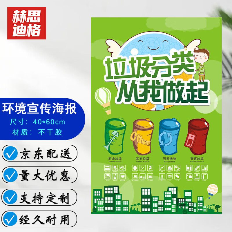 赫思迪格 hgj-604 垃圾分类宣传画 环境保护海报贴纸定制 40*60cm