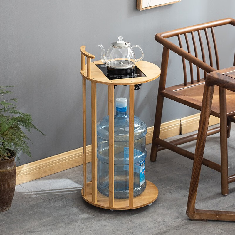 茶桌边柜办公室小型茶台可移动茶车边柜 原色圆形移动小茶台无盖板