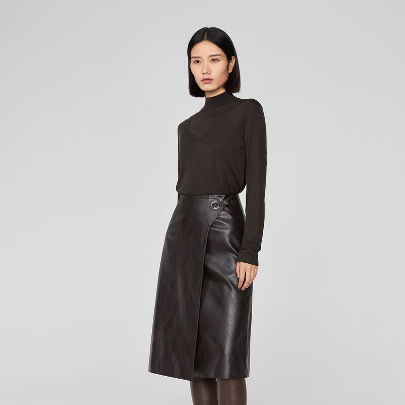 OVV【可机洗黄金羊毛】2023秋冬新款女装简约深V领长袖针织衫 深咖(净色)A6 L