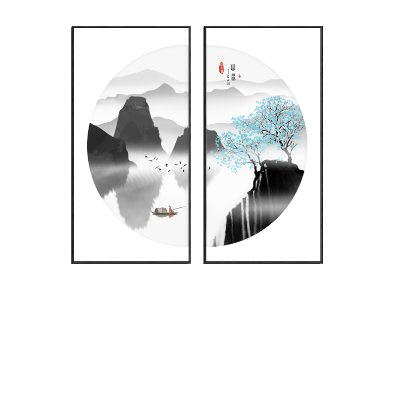 墨派 新中式客廳裝飾畫沙發(fā)背景墻壁畫兩聯(lián)山水墨畫半圓組合掛畫 旭日東升 40x80+40x80cm油畫布