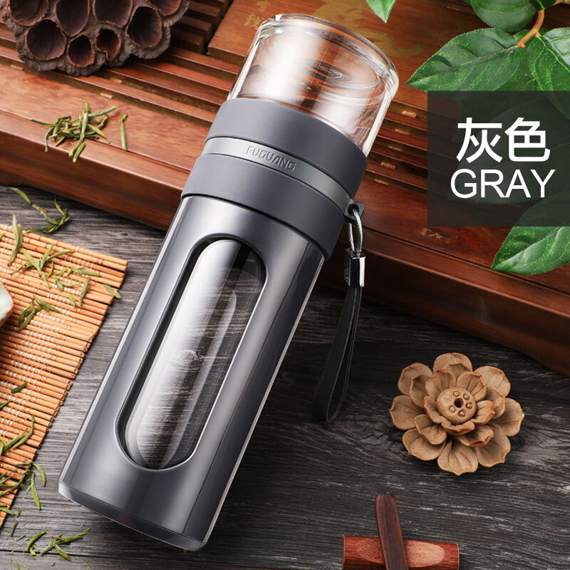 富光双层玻璃杯茶水分离泡茶杯水杯男便携防摔泡茶师过滤塑玻杯子 灰色