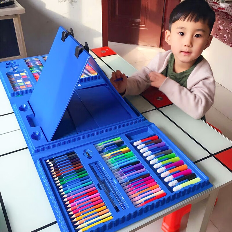 绿之爱儿童画画套装水彩笔蜡笔画笔绘画男孩玩具女孩4-8岁6女童生日礼物 蓝色/带画架画笔套装/230件套