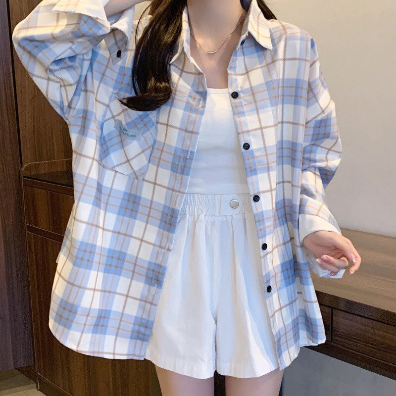 雷黛茜格子衬衫女款春秋休闲蓝色衬衣外套休闲长袖上衣女设计感小众显瘦 淡蓝色格子 #125 【面料】 S 建议95斤内