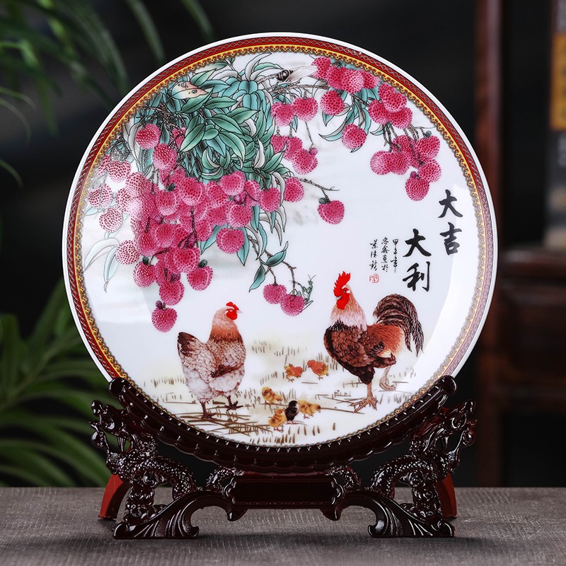 梓琦景德鎮中式陶瓷粉彩賞盤(pán)擺件掛盤(pán)客廳工藝中式電視柜玄關(guān)酒柜禮品 大號直徑35-大吉大利