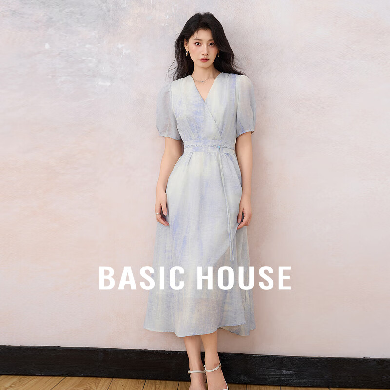 Basic House/百家好渐变晕染连衣裙优雅短袖V领中长款裙子夏新款 蓝色 XL