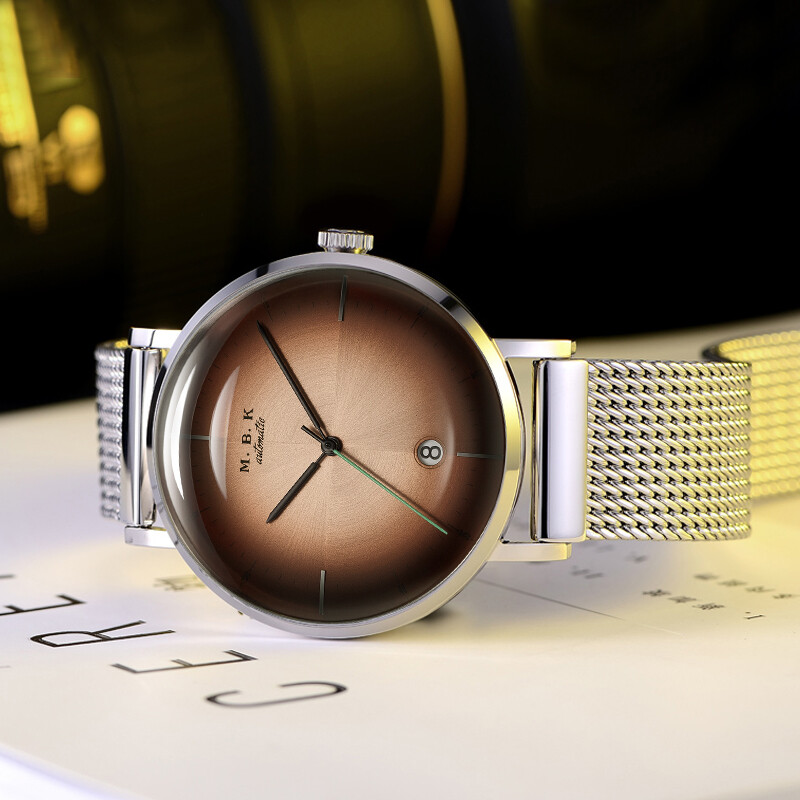 M.B.K美国品牌进口手表男士全自动机械男表3D镜面商务休闲防水男士腕表 钢壳咖面钢网带【进口机芯】