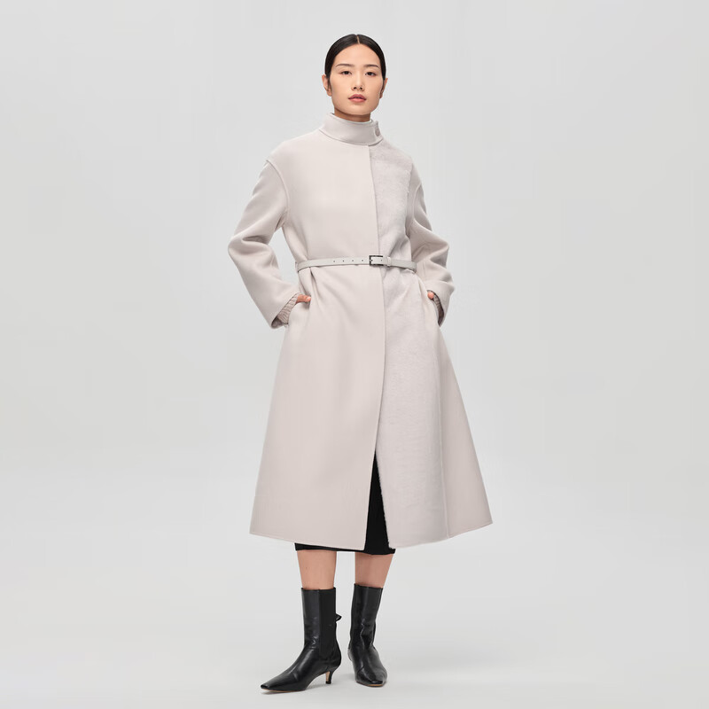 OVV2023秋冬新款女装羊毛双面呢拼环保皮草配腰带长款大衣 浅灰（净色）C0 M
