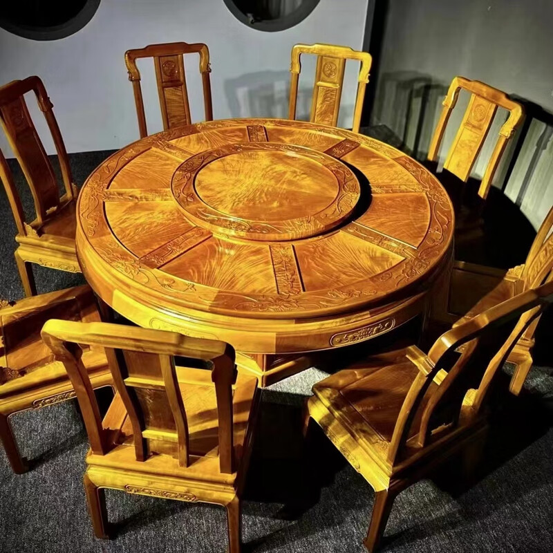 千澈金丝楠圆餐桌荷花雕刻立体水波小叶桢楠吃饭桌椅组合中式家具