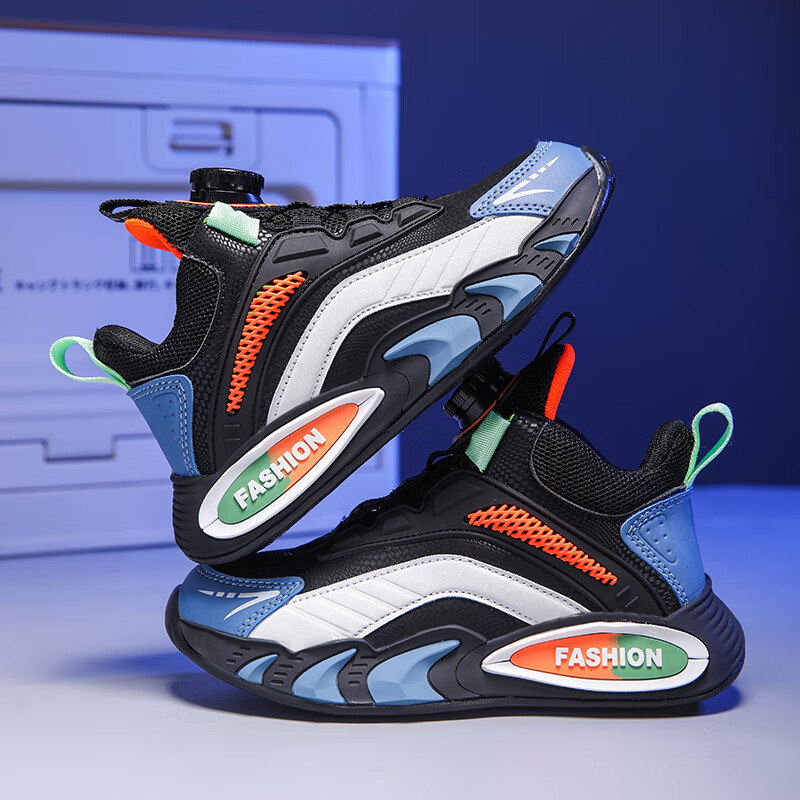 贝天熊男童鞋子秋冬加绒新款女童旋转纽扣透气革面儿童运动鞋儿童跑步鞋 BK111黑桔【革面防水】 30 内长19.0/脚18.0