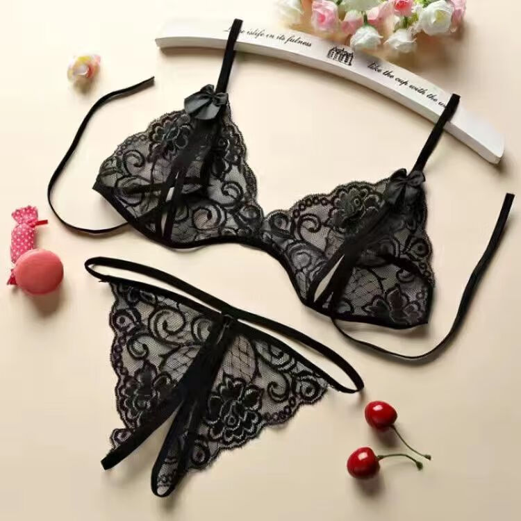 情趣性感内衣蕾丝吊带丝袜女开档套装诱惑免脱三点式夫妻同房 黑色