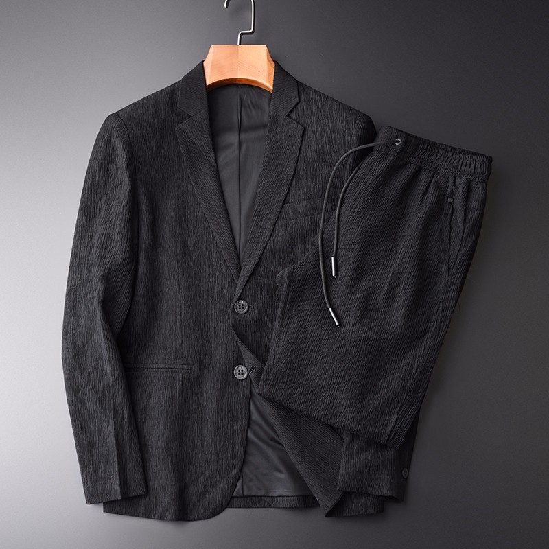 gjg西服套装男春季新款暗纹褶皱做旧小西装青年韩版修身休闲便装单西