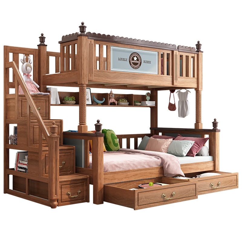 优漫佳 红胡桃木儿童床上下床铺高低床实木子母床双层床两层男孩床木蜡油 仅高低床(不含书架) 下铺1.5*2米;上铺1.2*2米