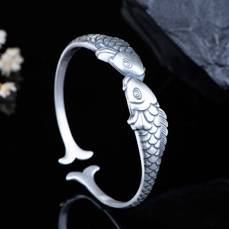 源璐银鲤鱼手镯女个性复古民族风开口足银镯子送妈妈母节礼物手环