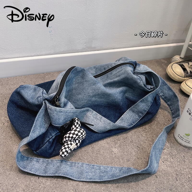 迪士尼（Disney）韩国ins牛仔布斜挎包女大学生书包休闲百搭通勤帆布包单肩上课包 蓝色+扭扭结