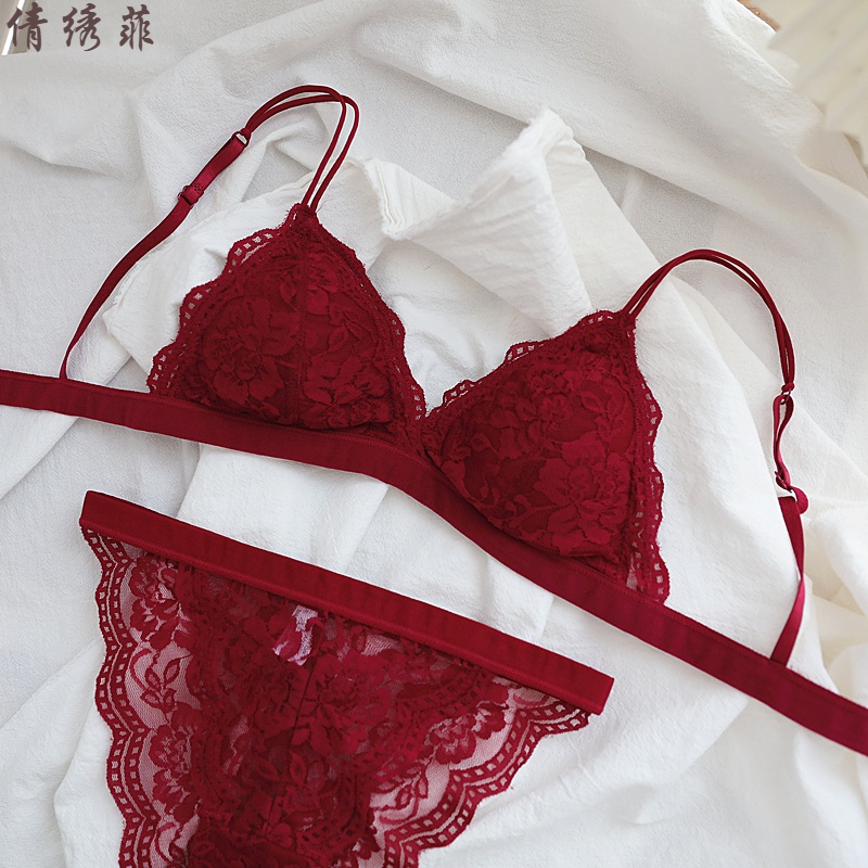 情人节礼物送老婆内衣套装法式三角杯薄款唯美性感蕾丝花边无钢圈小胸
