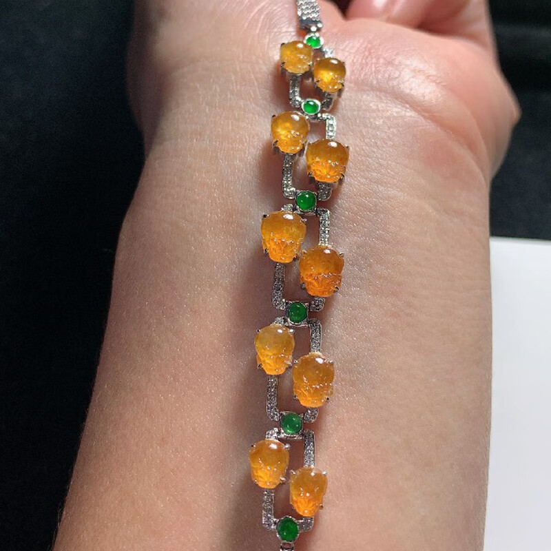 绿翠天成 翡翠冰种黄翡貔貅手链 缅甸a货翡翠18k金镶嵌女款送礼5.2/3.