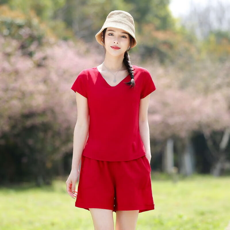 婵栩夏天穿的短袖短衣短裤热裤套装女夏季新款休闲棉麻v领纯色短袖上
