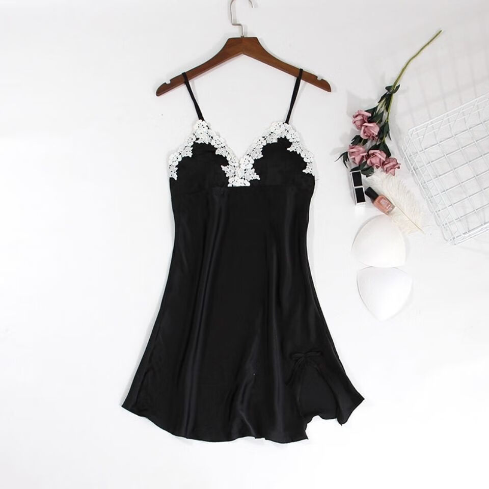 性感睡衣女夏纯欲风带胸垫蕾丝薄款睡裙紧身火辣吊带裙 黑色（带胸垫 S