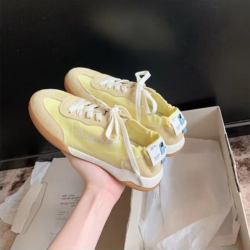 crape myrtle莎莎家葡萄妈同款运动板鞋女2023夏季新款透气女鞋平底休闲鞋牛皮 黄色 37