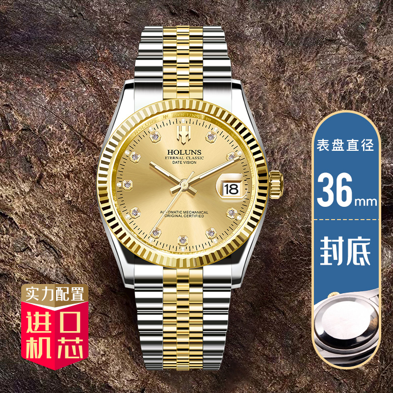 豪伦诗(holuns)holuns男士全自动机械手表透底商务男 r001金面间金