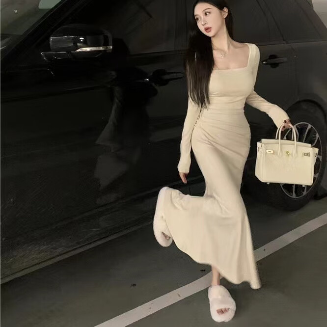 c美丽坏女人性感长1袖秋季连衣裙洋气鱼尾长裙秋季名媛气质收腰显