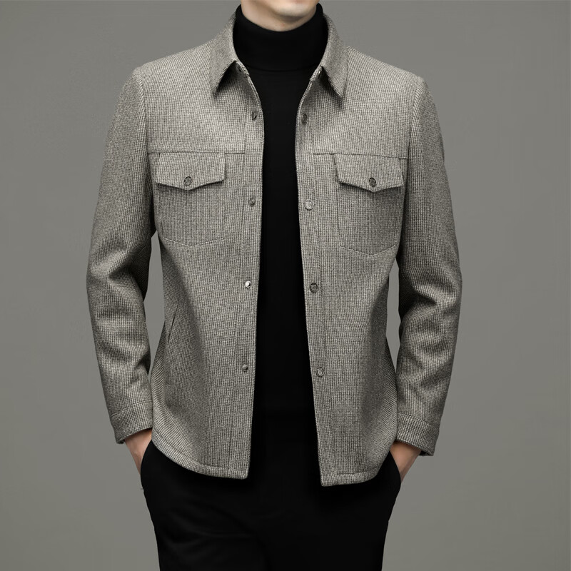 秋冬季休闲羊毛夹克外套男士中年扣子短款翻领毛呢厚款茄克衫 驼灰