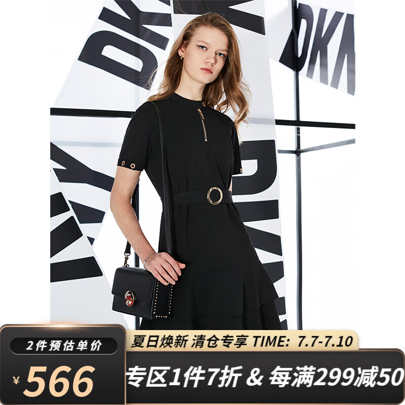 DKNY/唐可娜儿2022春夏新款黑色小立领双层伞摆设计女式连衣裙奢侈品女装 黑色 160/84A/M
