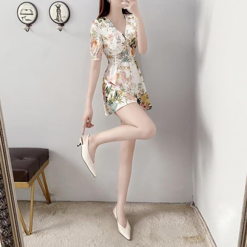 柒十念夏天海邊度假沙灘法式高腰闊腿短褲連體衣女碎花雪紡連體褲小個子 圖片色 M
