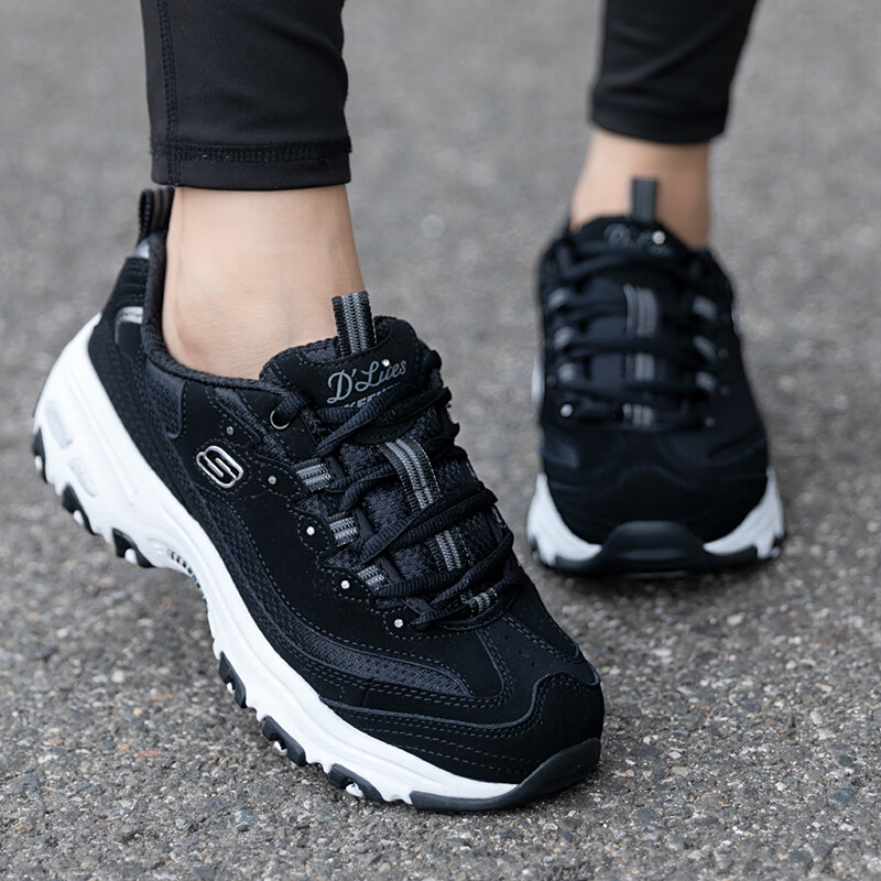 斯凯奇（Skechers）女鞋2025春夏季新款黑色熊猫鞋休闲轻便运动鞋厚底增高老爹鞋女 黑色-BLK 36