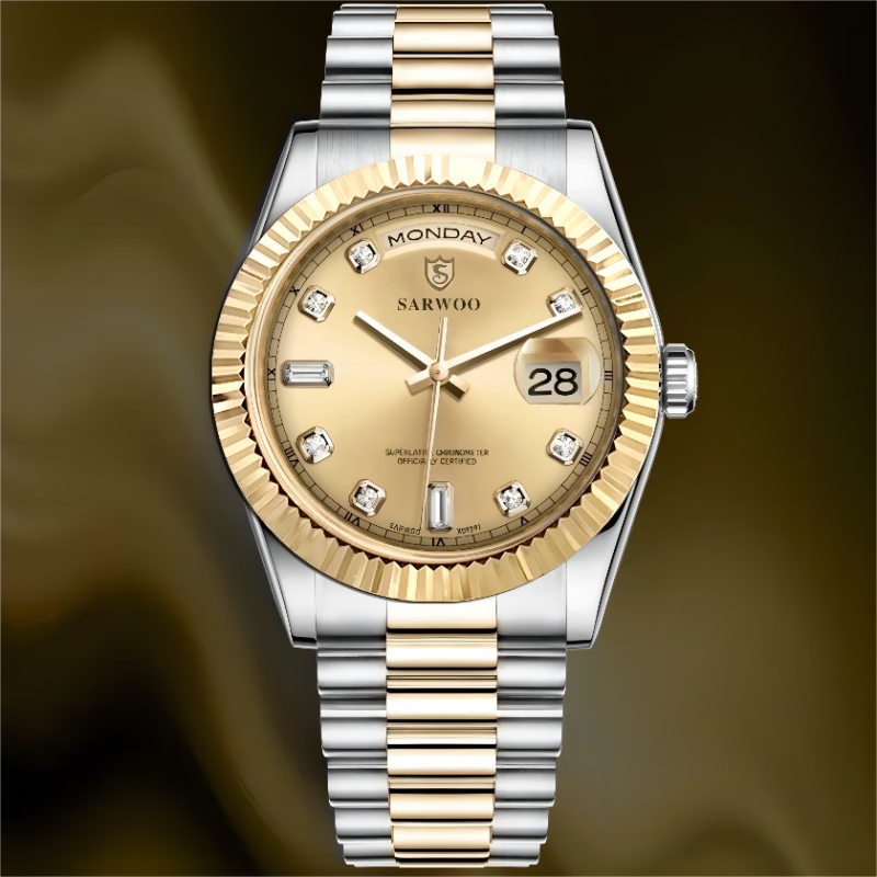 商沃(sarwoo)星期日历手表间金日志双日历机械表防水 全自动高端男士