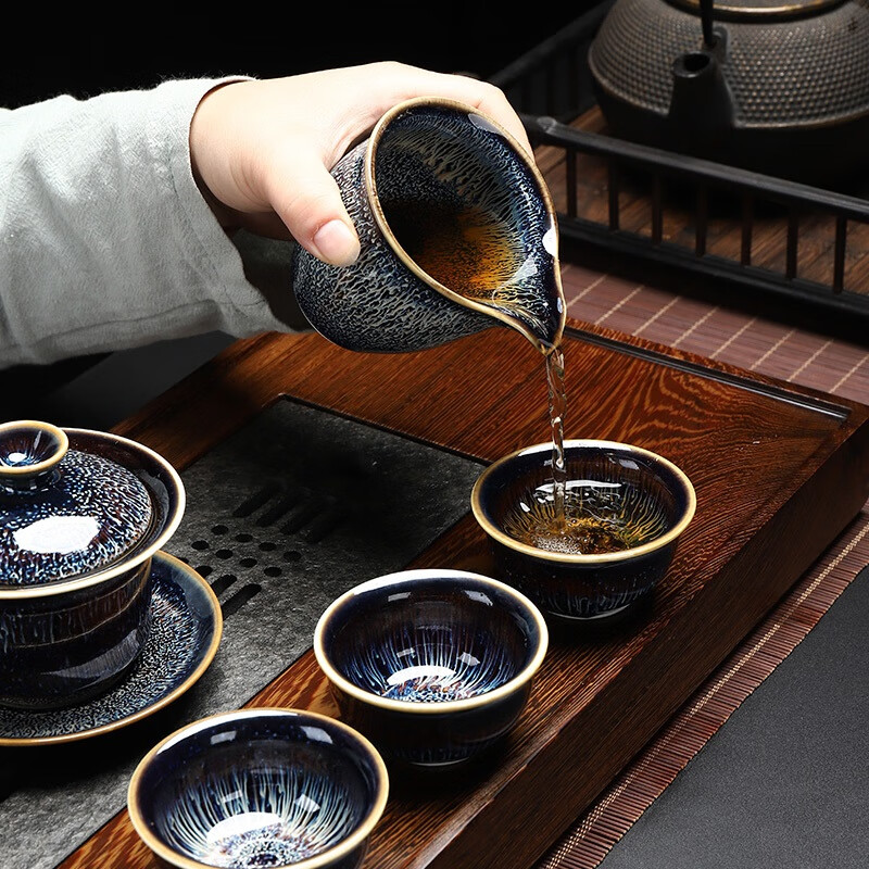 正扬建盏茶具套装家用整套窑变油滴天目铁胎茶壶茶盏杯功夫陶瓷景德镇 15头(璀璨星空)_侧把(竹节壶)