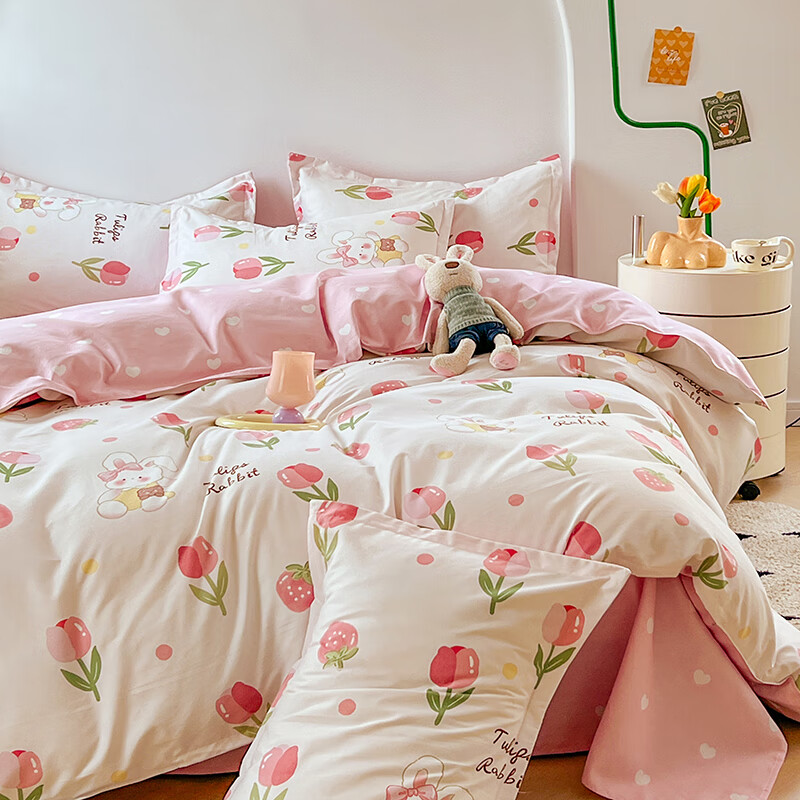 羽匠春季小清新印花四件套学生宿舍套件家用床单柔软四件套ins 洛神玫瑰 床单款 （被套200*230cm）四件套