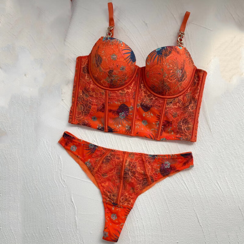 布精选2023文胸套装修身鱼骨衣复古印花法式蕾丝内衣聚拢胸 橙色 70b