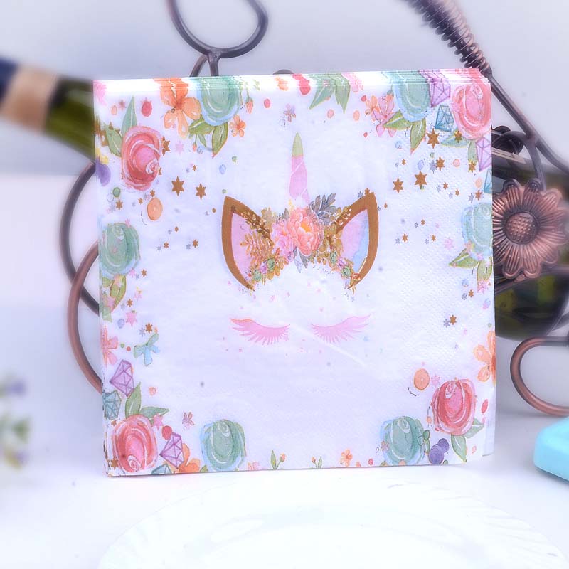 七千色 20张独角兽彩色印花餐巾纸卡通纸酒店宴会纸杯花纸口布面巾