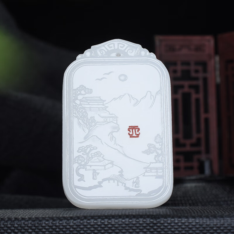 snqp新疆和田玉羊脂玉白玉山水画玉牌吊坠大好河山玉石玉坠挂件男女款